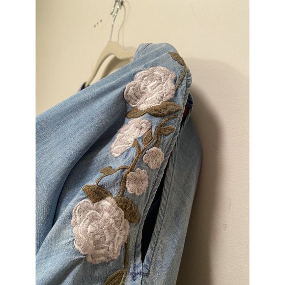 BLUE RAIN Dress Sand Washed Look Chambray Embroidered Cold Shoulder Pockets Med - Picture 9 of 12